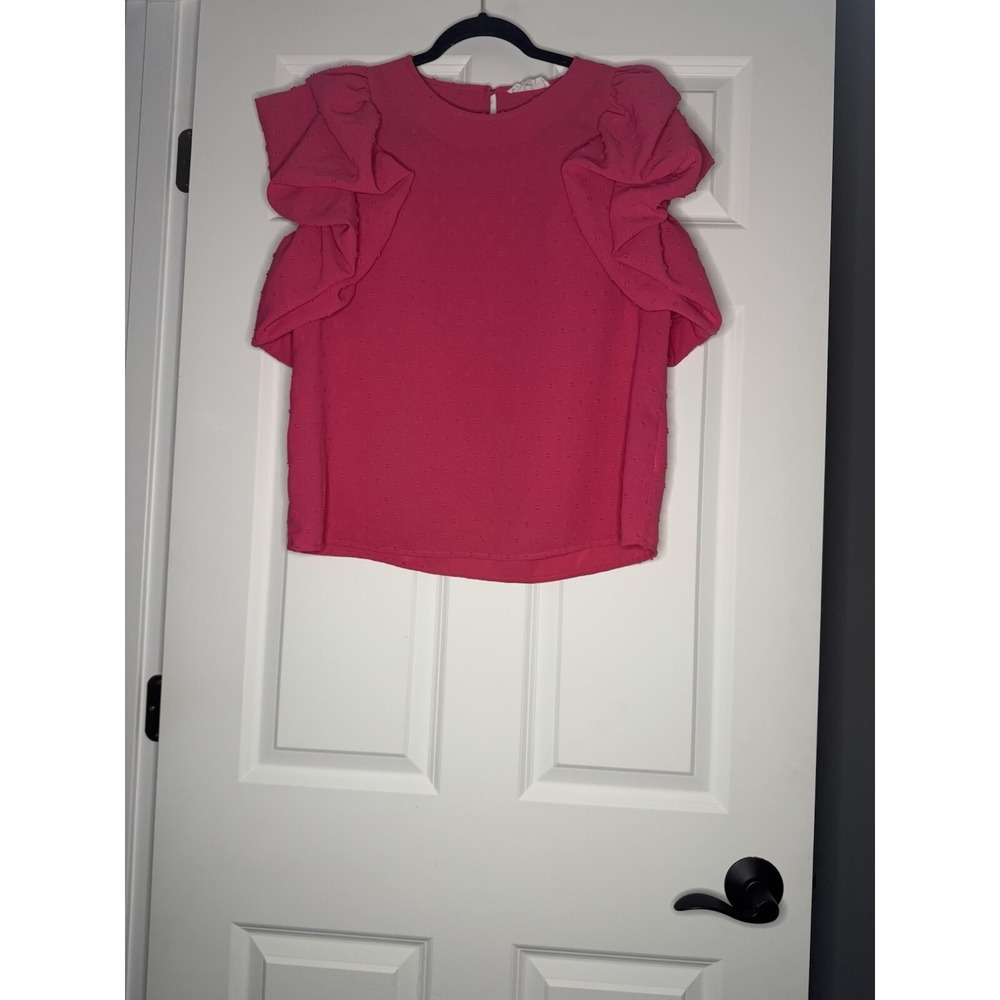 Anthropologie THML  Flutter Poofy Sleeve Blouse Large Pink Stitching Barbiecore